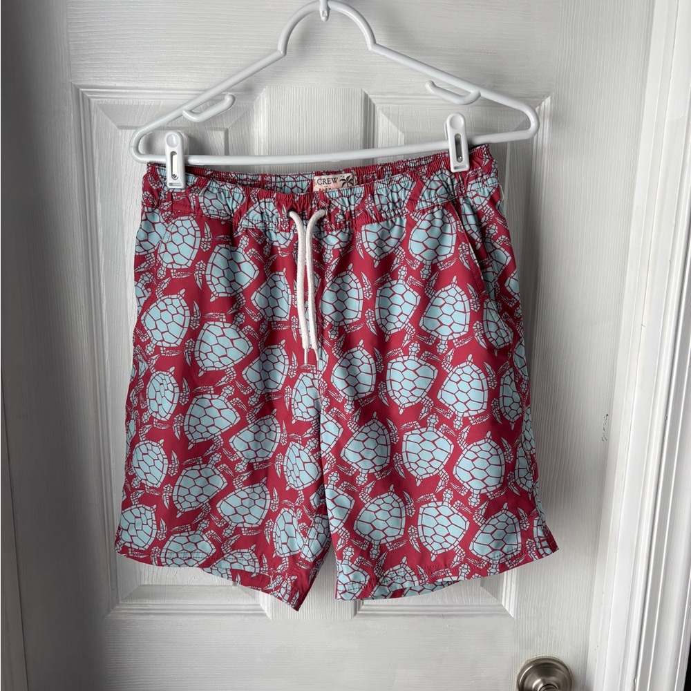 J. Crew Men’s Coral Swim Trunks with Light Blue Turtle Print